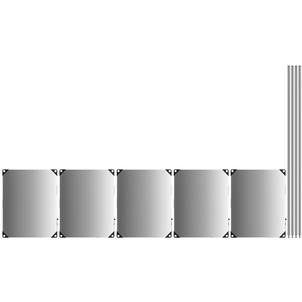 A row of rectangular stainless steel shelves.