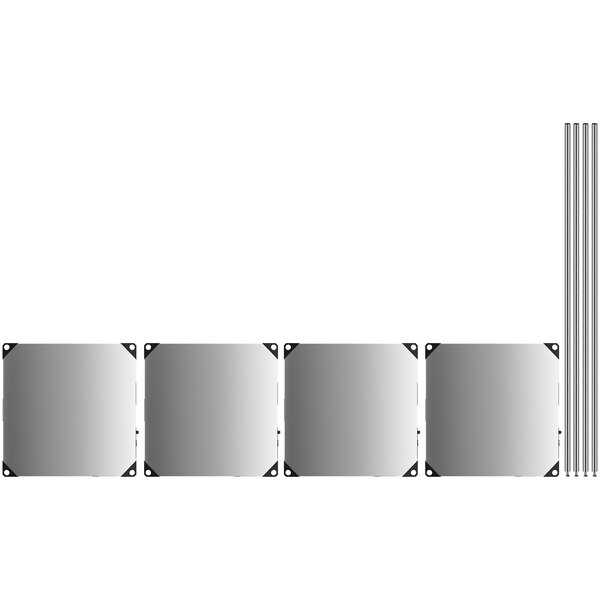 A set of four square stainless steel shelves with black corners.