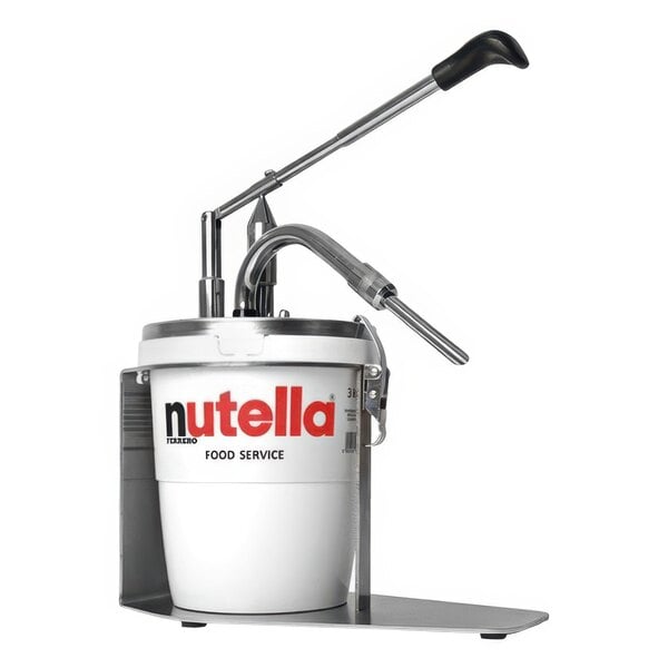 A white Nutella creamer bucket in a metal stand.