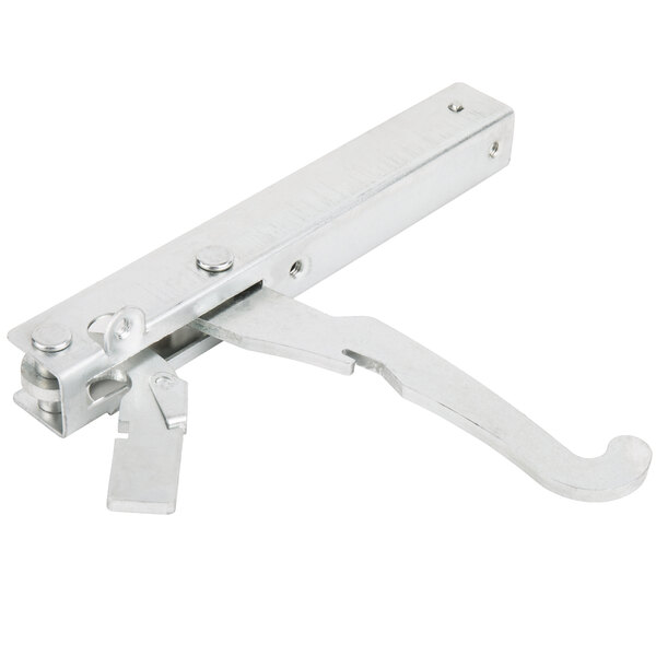 A silver metal Main Street Equipment left door hinge with a handle.