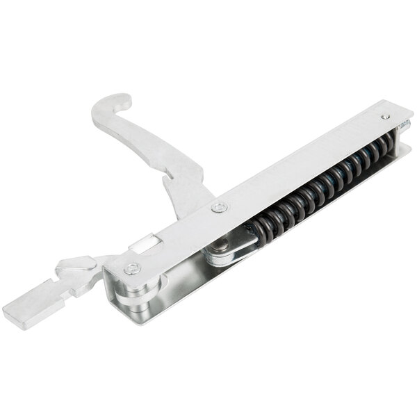 A metal Main Street Equipment left door hinge with a black spring.