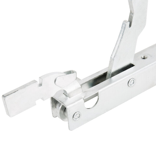 A close-up of a Main Street Equipment metal door hinge with a latch.