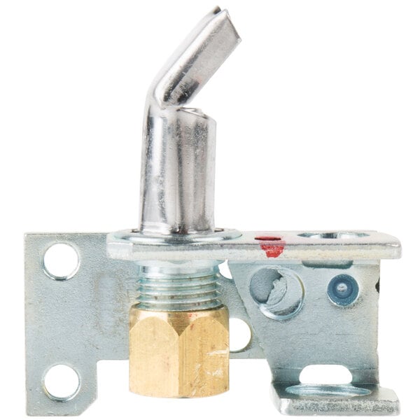 A metal piece with a brass knob and a nut.