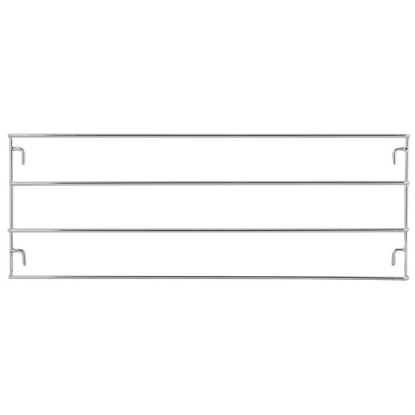 A Main Street Equipment metal rack holder with metal rods and three hooks.