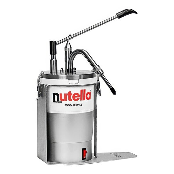 A silver Sephra NUTELLA&reg; dispenser with a stainless steel handle.