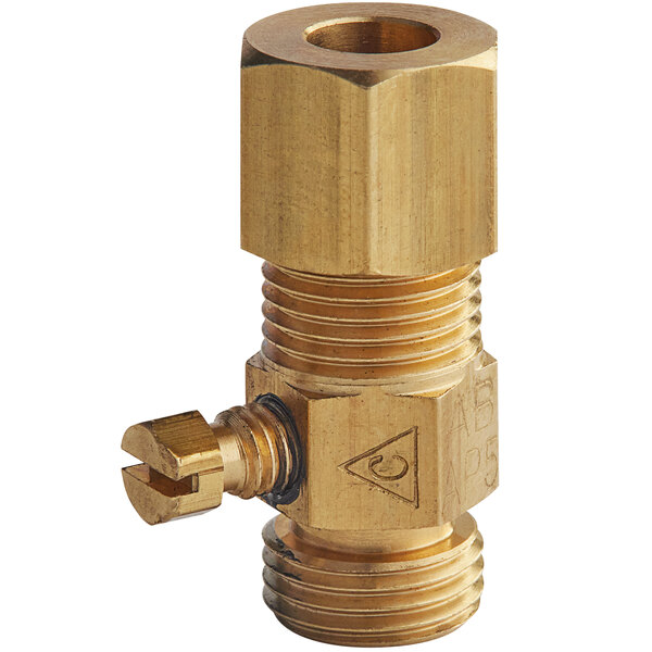 A brass Main Street Equipment pilot valve with a nut.