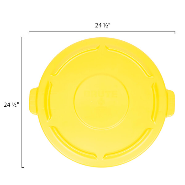 A yellow Rubbermaid lid for a round trash can with measurements and a handle.