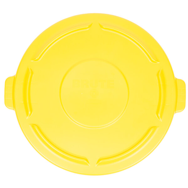 A yellow plastic lid with a handle for a Rubbermaid BRUTE 44 gallon trash can.