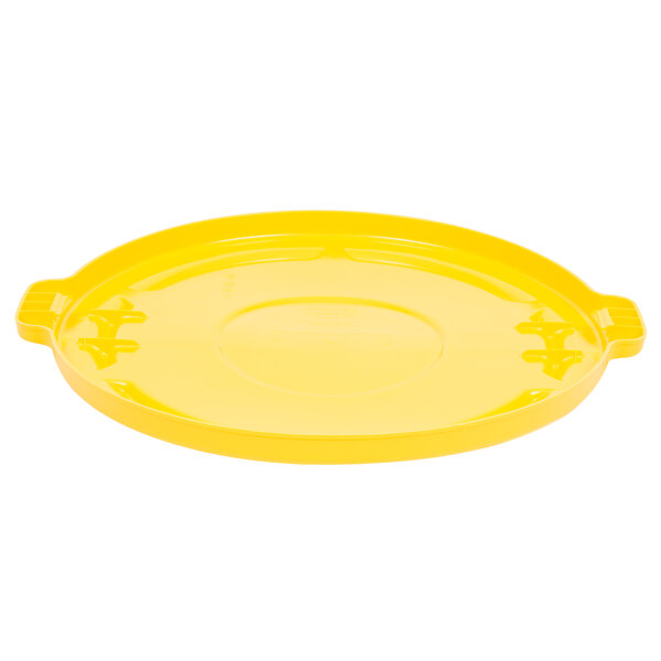 A yellow plastic lid with handles for a Rubbermaid BRUTE 44 gallon trash can.
