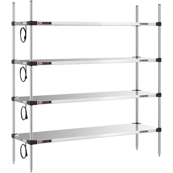 A Metro Super Erecta heated stainless steel takeout station with 4 shelves and chrome posts.