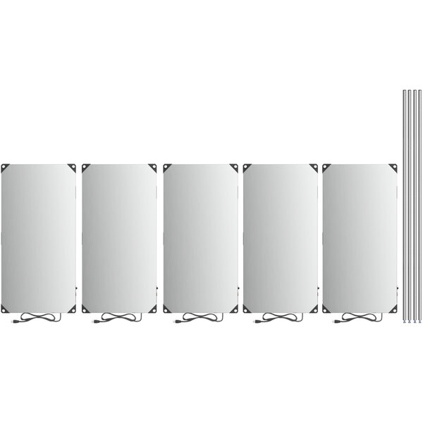 A row of rectangular white Metro heated shelves with chrome poles.