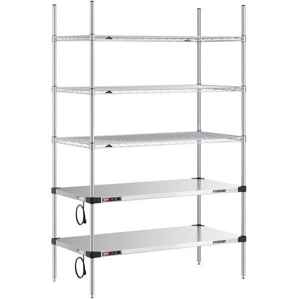 A Metro stainless steel shelving unit with 2 heated shelves and 3 regular shelves.