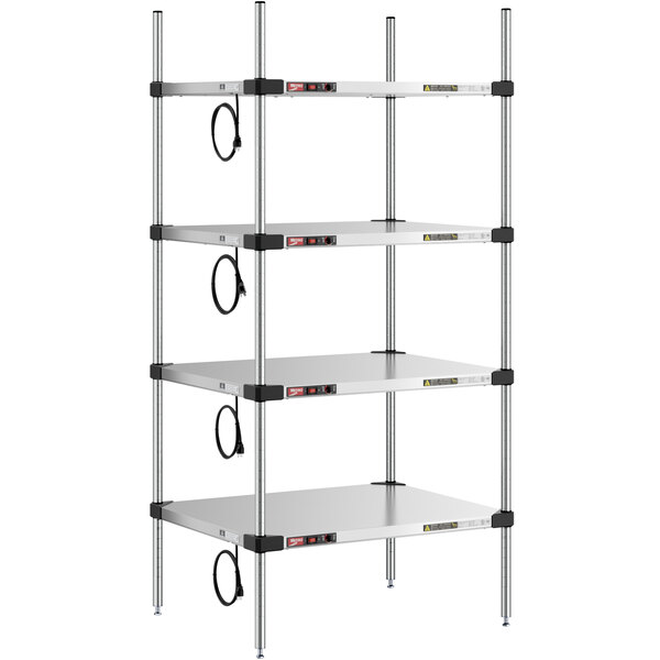 A Metro Super Erecta heated stainless steel takeout station with four shelves.