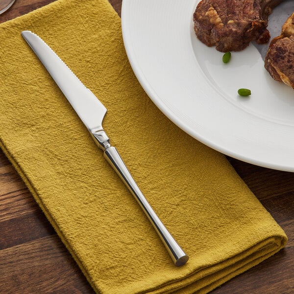 An Acopa stainless steel steak knife on a napkin next to a plate of meat.