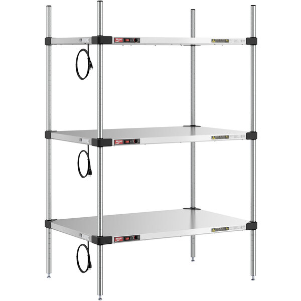 A Metro Super Erecta heated stainless steel shelf with three shelves.