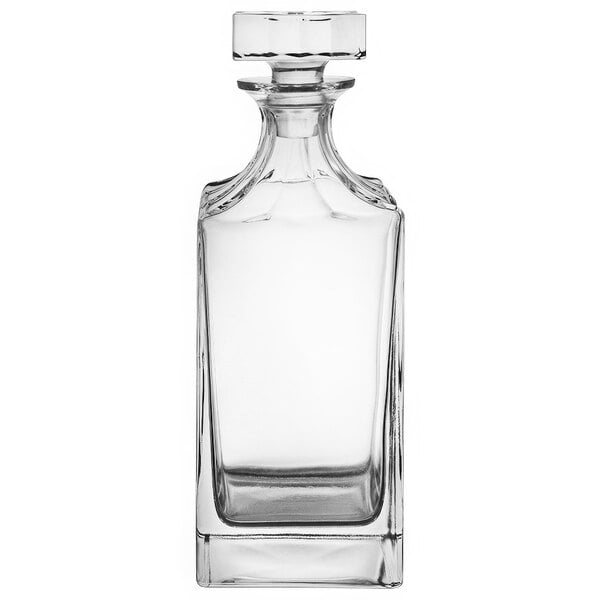 A Franmara square clear glass decanter with a crystal stopper.