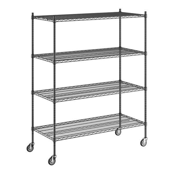 A Regency black wire shelving unit with wheels.