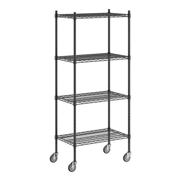 A black metal Regency shelving unit with wheels.