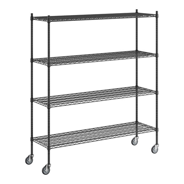 A black metal Regency wire shelving unit with wheels.