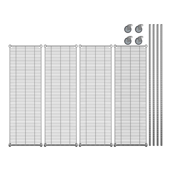 A Regency chrome wire shelving unit with wheels and four shelves.
