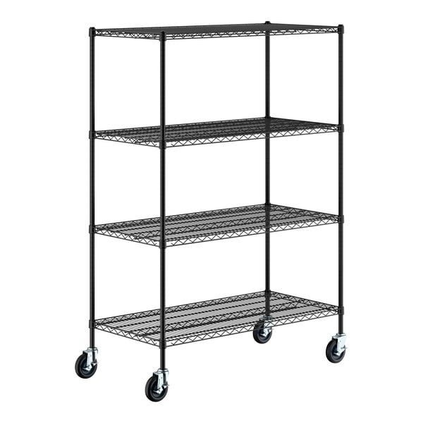 A black metal shelving unit with four wire shelves and four caster wheels.
