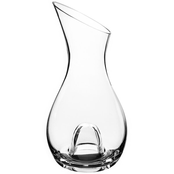 A clear glass vase with a curved neck.