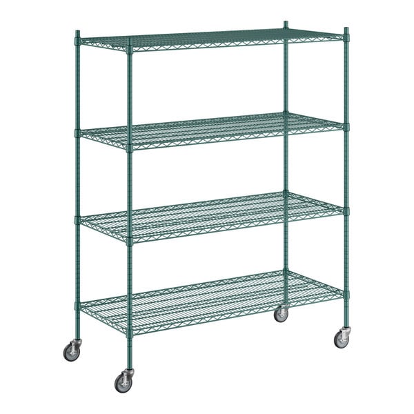 A Regency green wire shelving starter kit with four shelves.