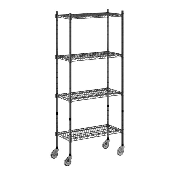 A black Regency wire shelving unit with wheels.