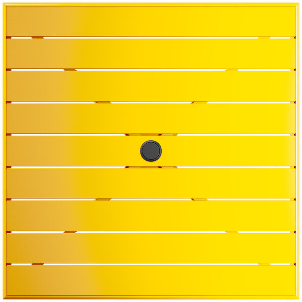 A yellow square table with a black circle in the middle.