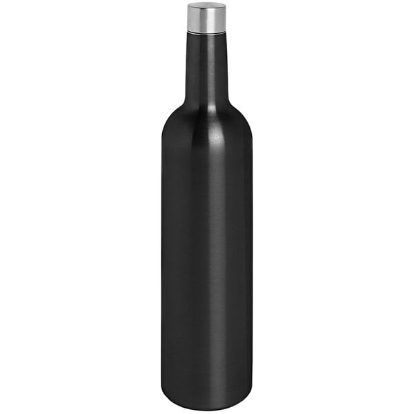 A black bottle with a silver top.