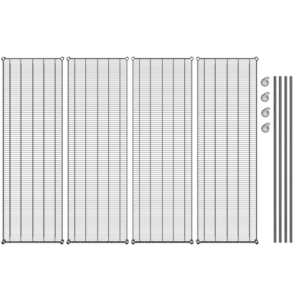 A Regency black wire shelving unit with metal rods and grid shelves.