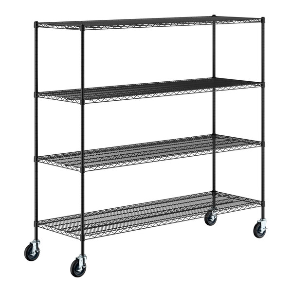 A black metal shelving unit with four wire shelves and four caster wheels.