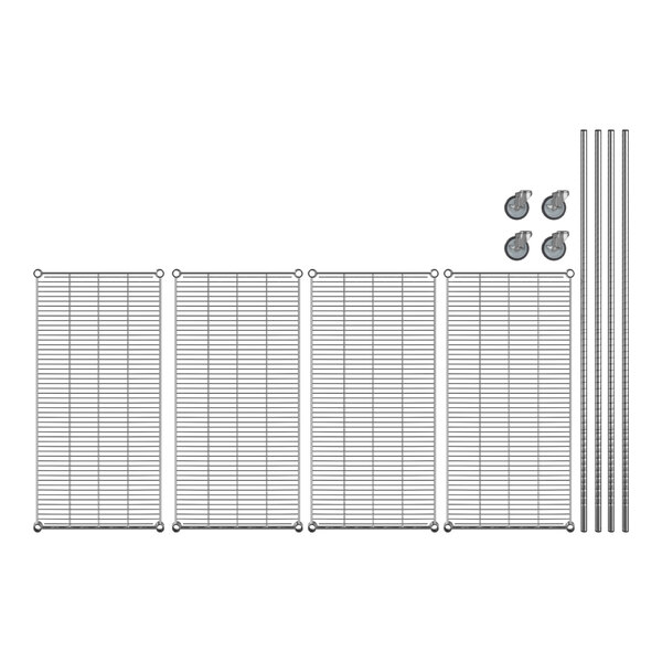 A Regency chrome wire shelving unit with wheels.