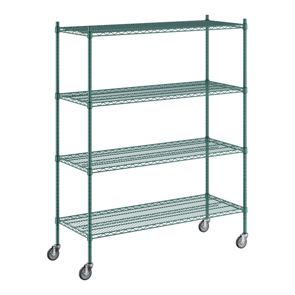 A Regency green wire shelving unit with wheels.