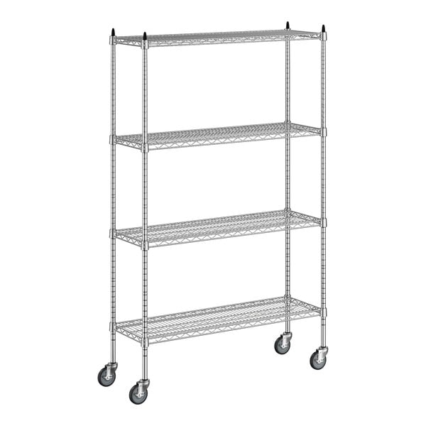 A Regency chrome wire shelving unit with wheels.