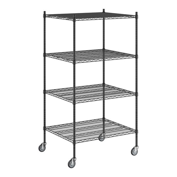 A Regency black wire shelving unit with wheels.