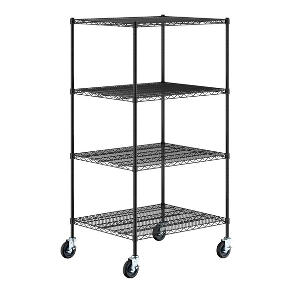A four-tier black metal wire shelving unit with casters for mobility.
