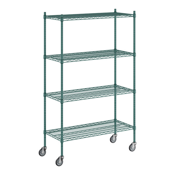 A Regency green wire shelving unit with wheels.