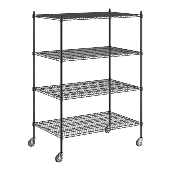 A black wire Regency shelving unit with wheels.