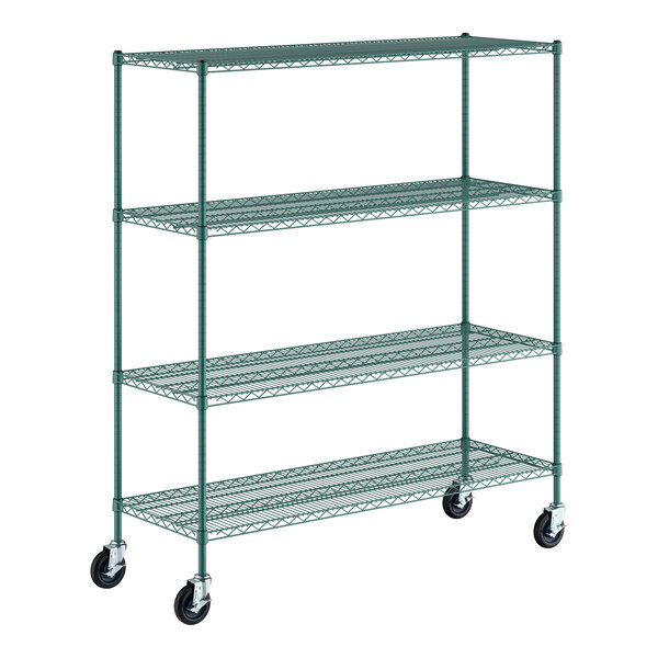 A green metal wire shelving unit with four shelves and four caster wheels.