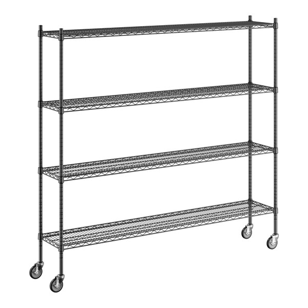 A Regency black wire shelving unit with wheels.