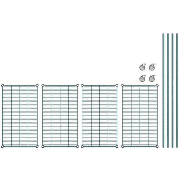 A Regency green wire rack with four shelves and metal rods.