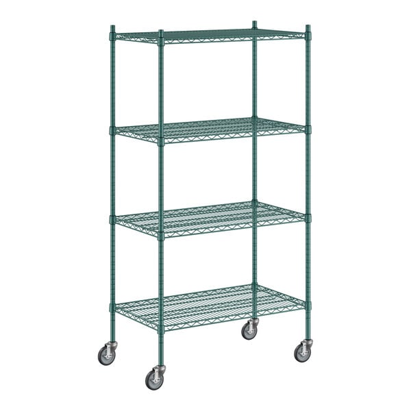 A green metal Regency wire shelving unit with wheels.