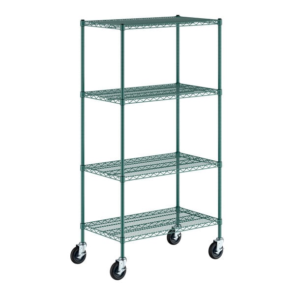 A green metal wire shelving unit with four shelves and four caster wheels.
