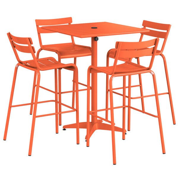 An orange Lancaster Table & Seating bar table with 4 chairs on an outdoor patio.