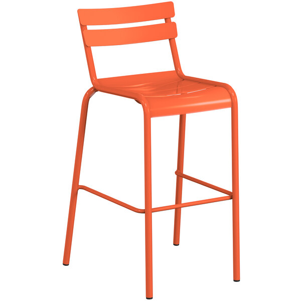 An orange bar stool with a white back.