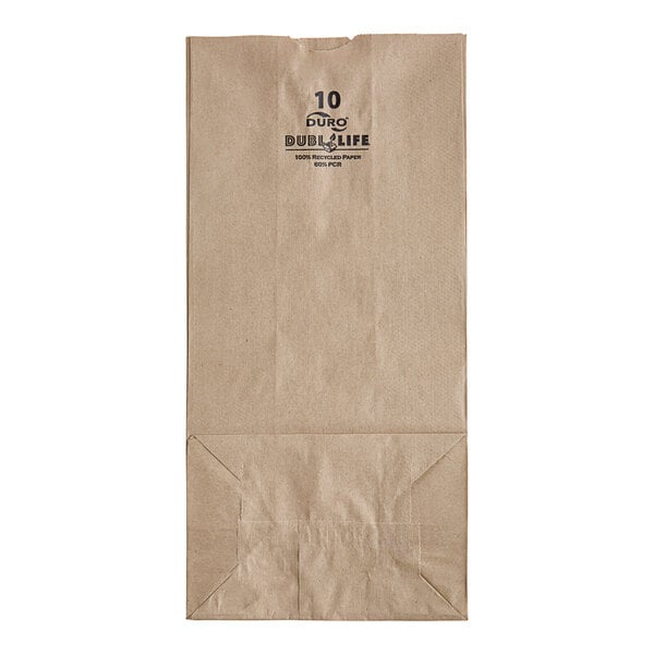 A Duro brown paper grocery bag with black text that says "10 lb."