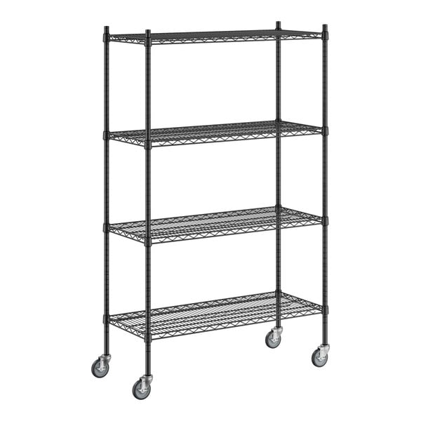 A black metal Regency wire shelving unit with casters.