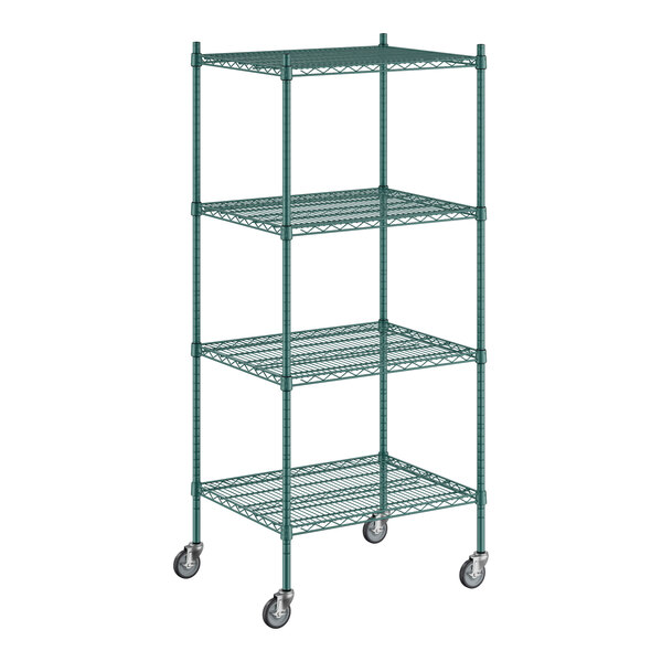 A Regency green wire shelving unit with casters.