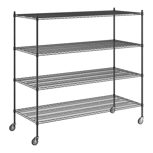 A Regency black wire shelving unit with casters.